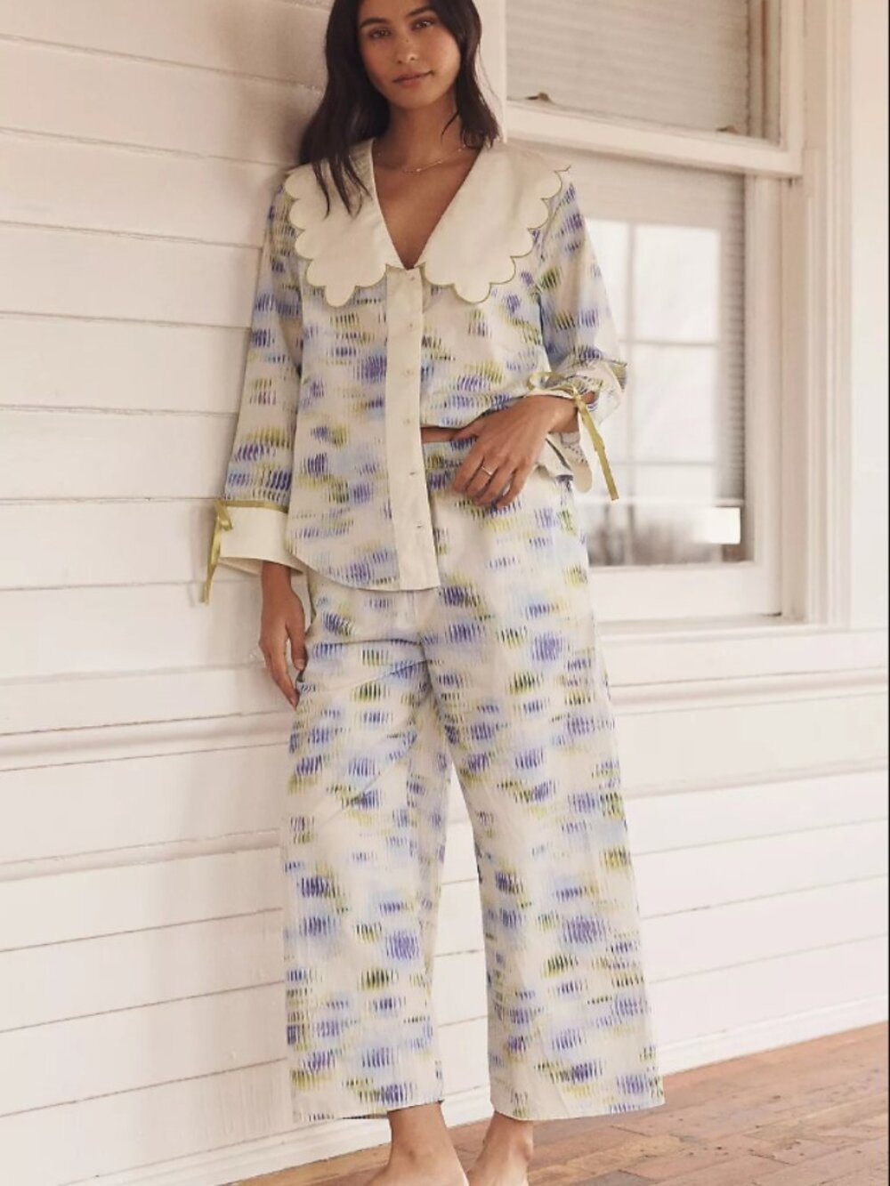 NWT Antropologie LyreBird Scallop Collar Pyjama Shirt & Pant SET in XXS